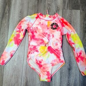 Justice Kids' Pink and Yellow Tie-Dye Rashguard Swimsuit